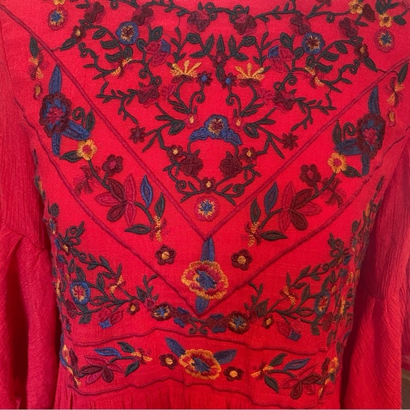 Umgee • Red Embroidered Boho 3/4 Flare Sleeve Mini Dress • Size S • EUC - Picture 3 of 8